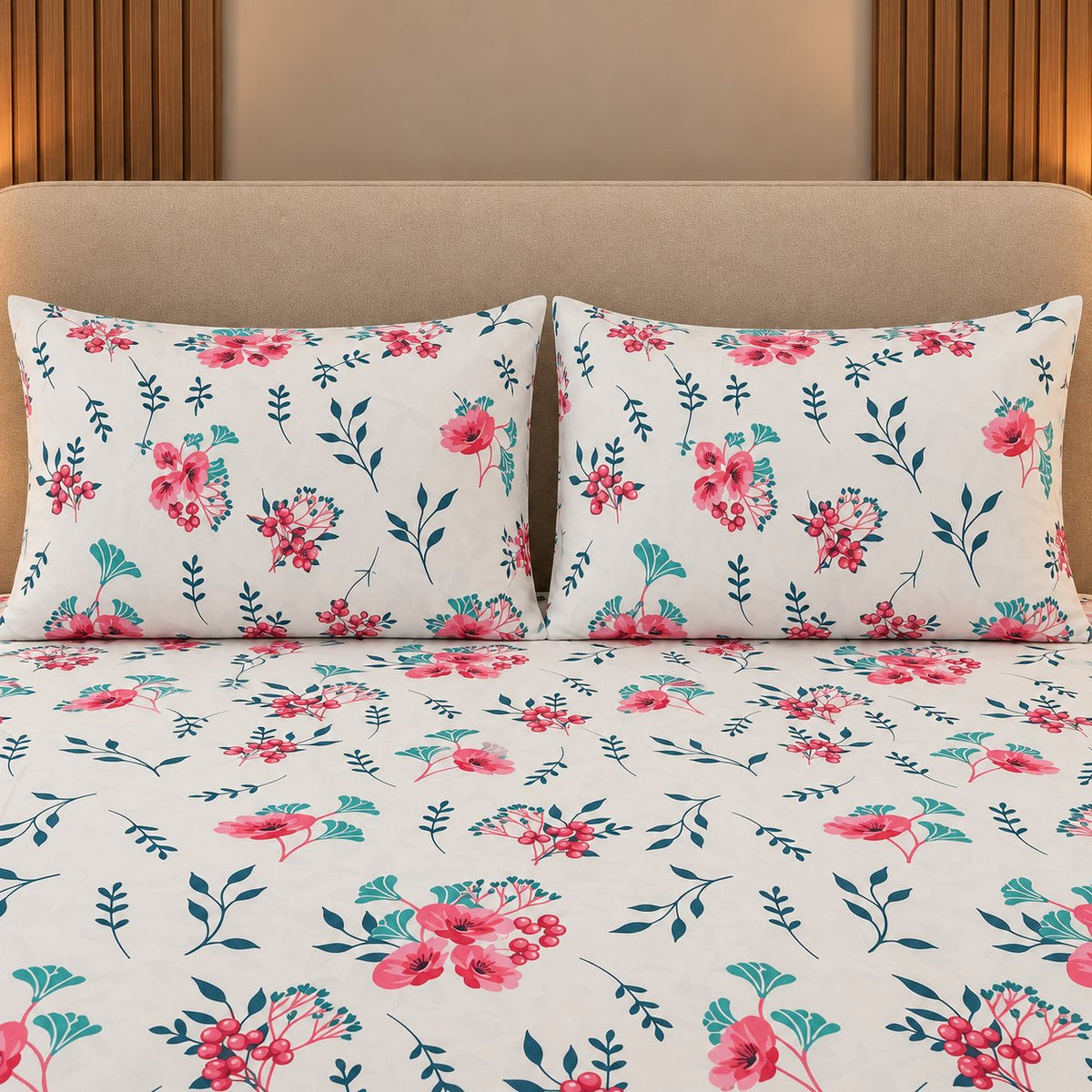 Berry Bloom Bedsheet Set by Reet (white, pink, red, green, floral)