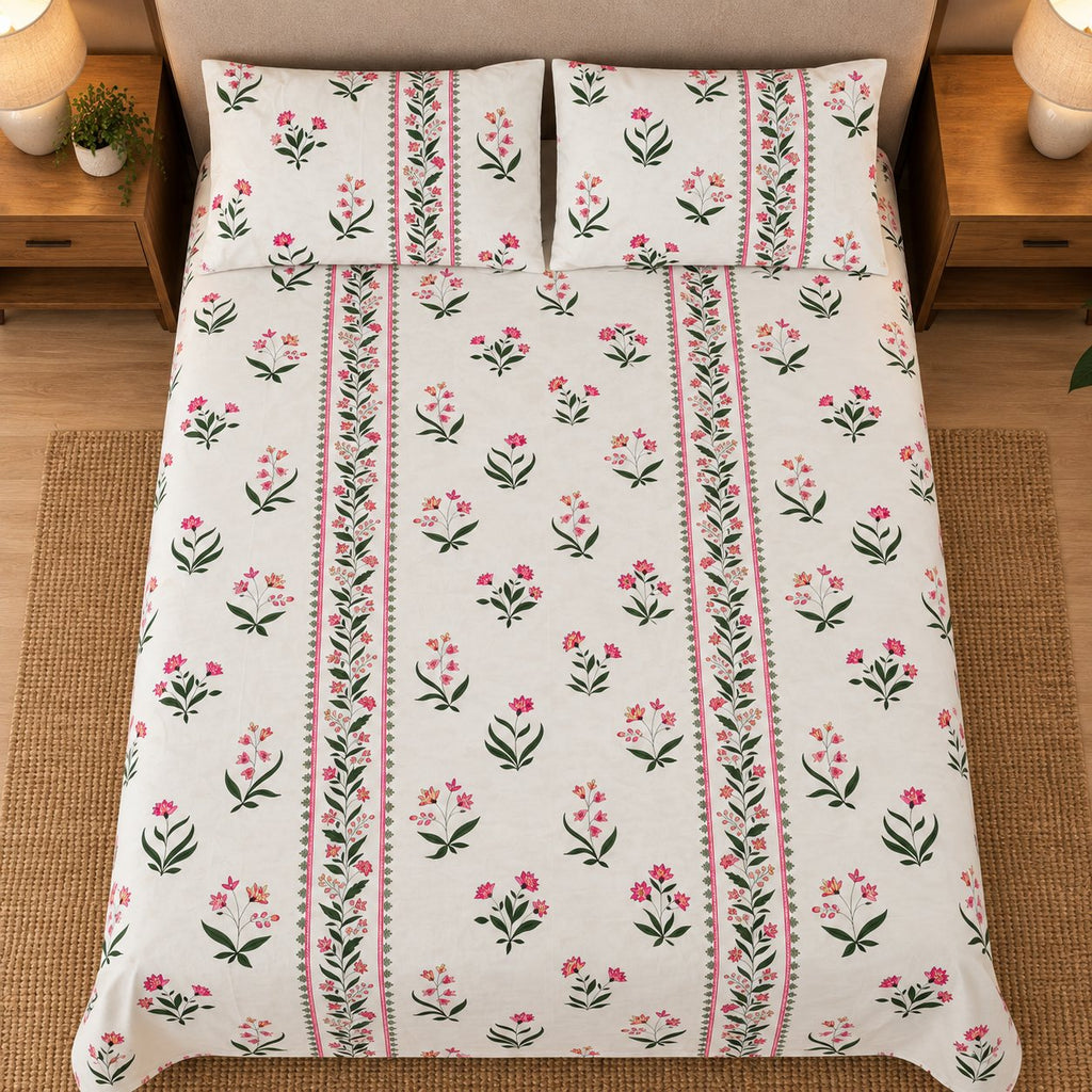 Petal Border Bedsheet Set by Reet (white, pink, green, floral, border)