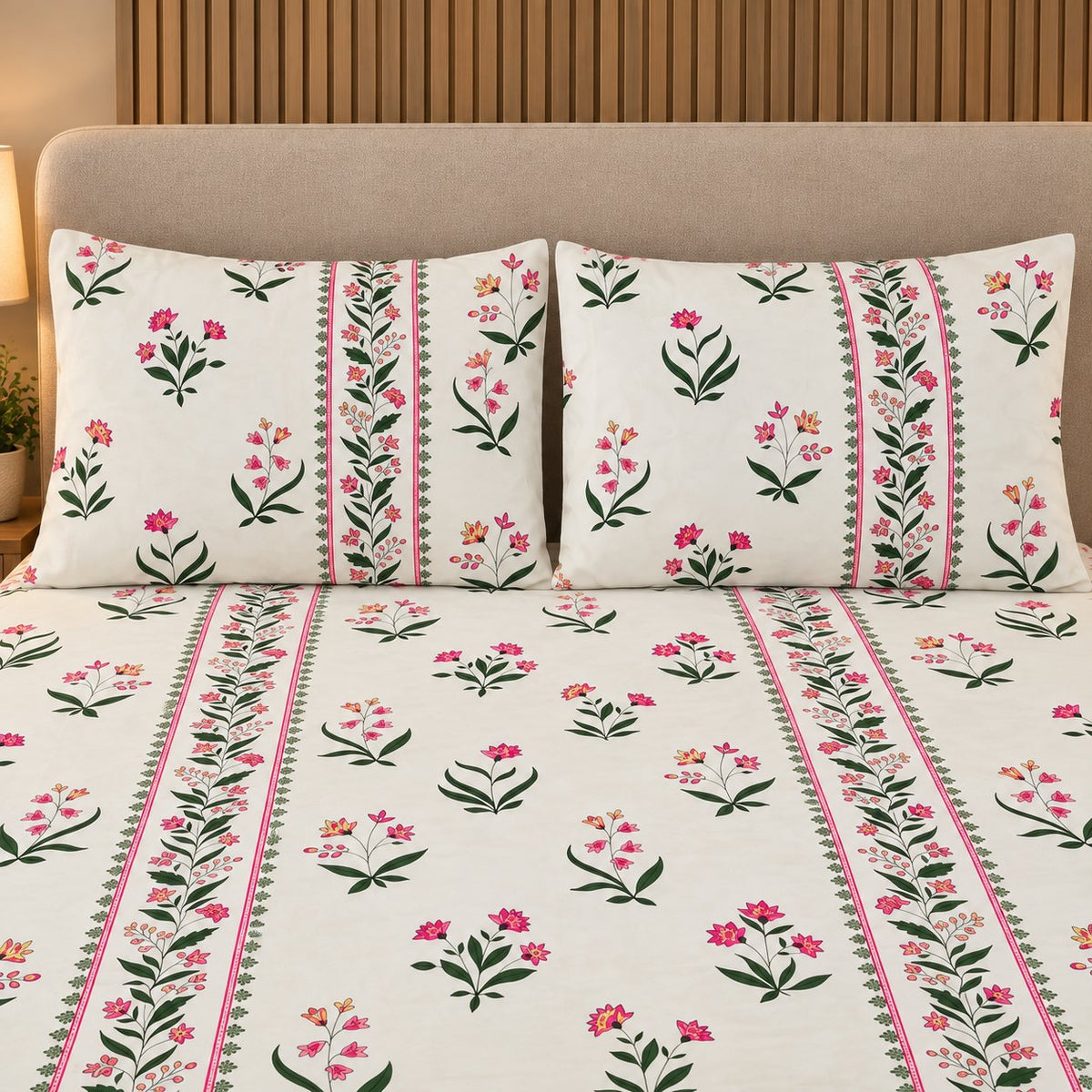 Petal Border Bedsheet Set by Reet (white, pink, green, floral, border)