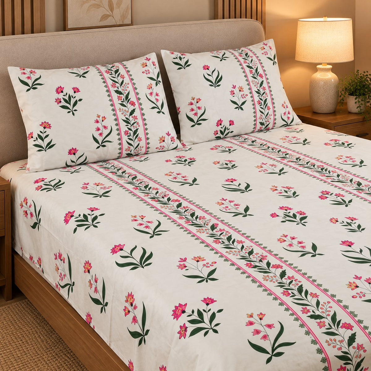 Petal Border Bedsheet Set by Reet (white, pink, green, floral, border)