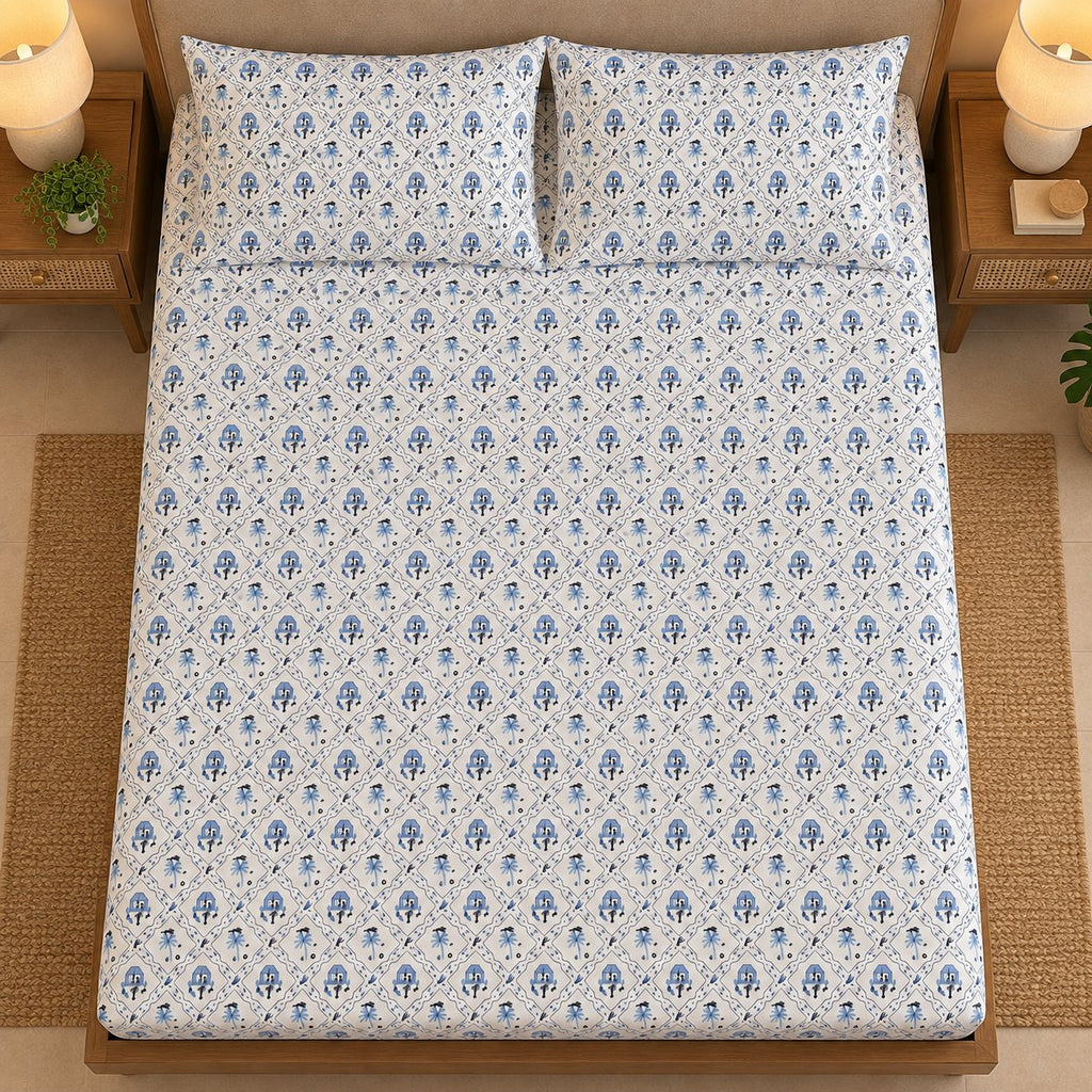 Indigo Warli Bedsheet Set by Reet (white, dark blue, blue, folk print)