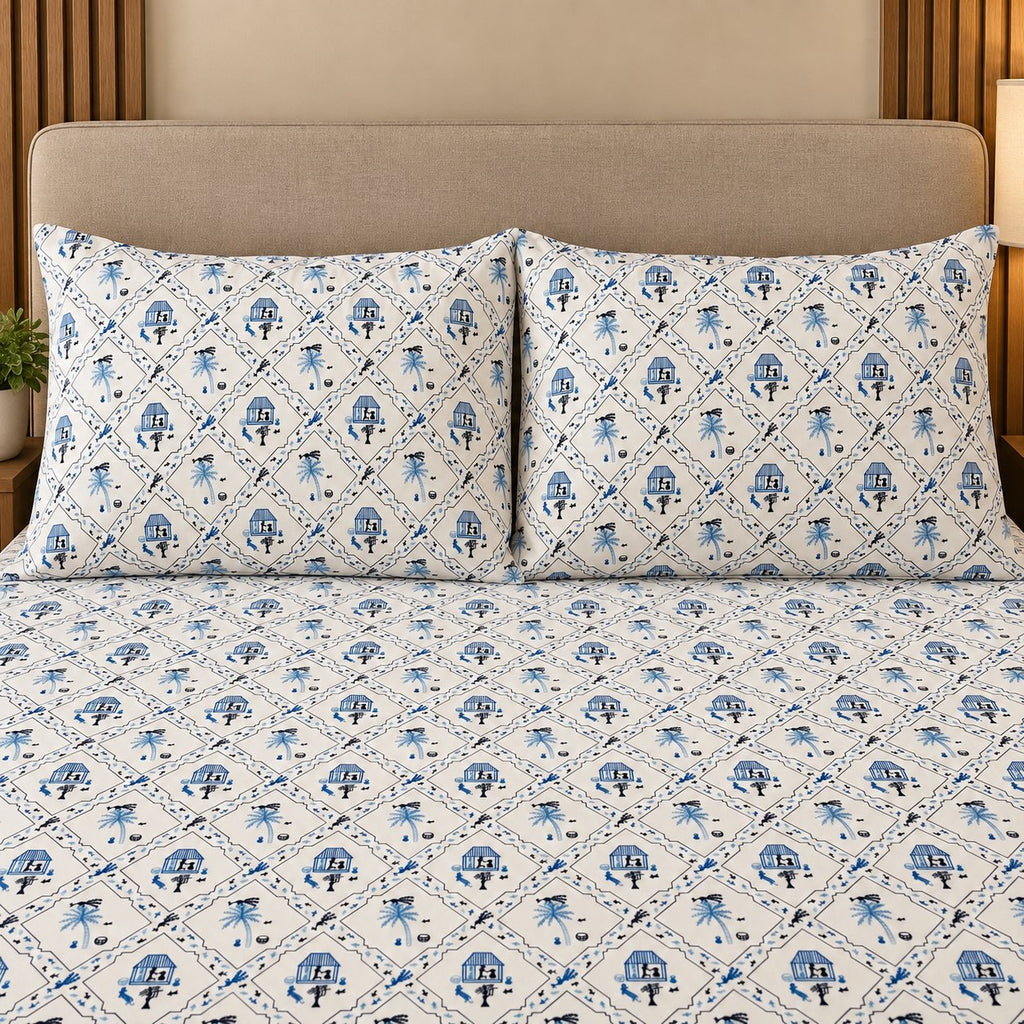 Indigo Warli Bedsheet Set by Reet (white, dark blue, blue, folk print)
