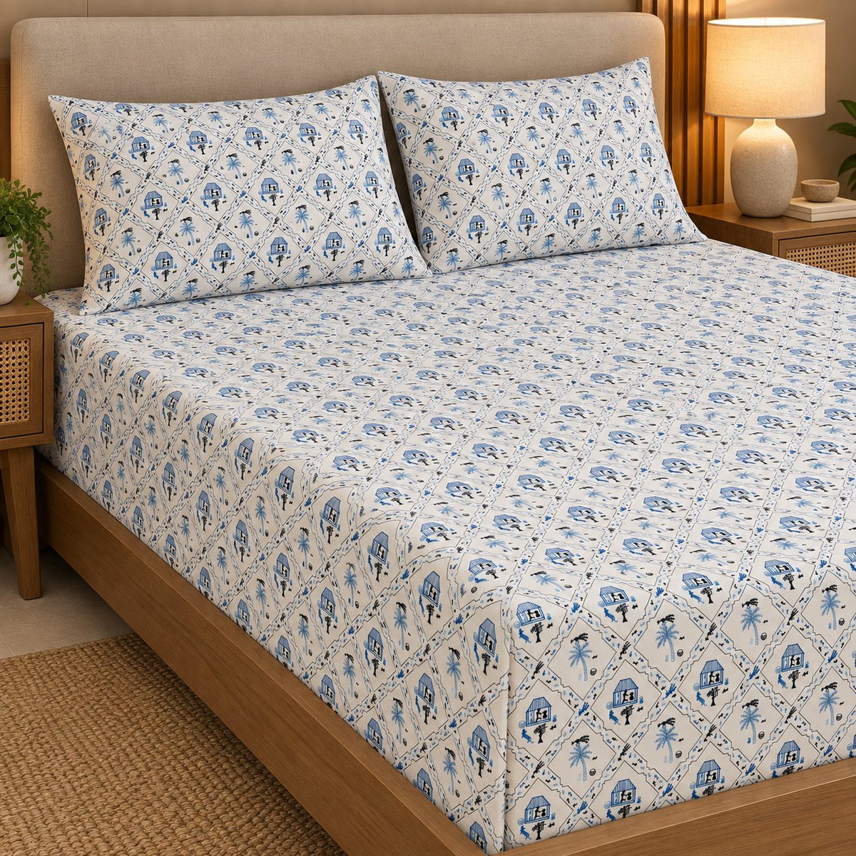 Indigo Warli Bedsheet Set by Reet (white, dark blue, blue, folk print)