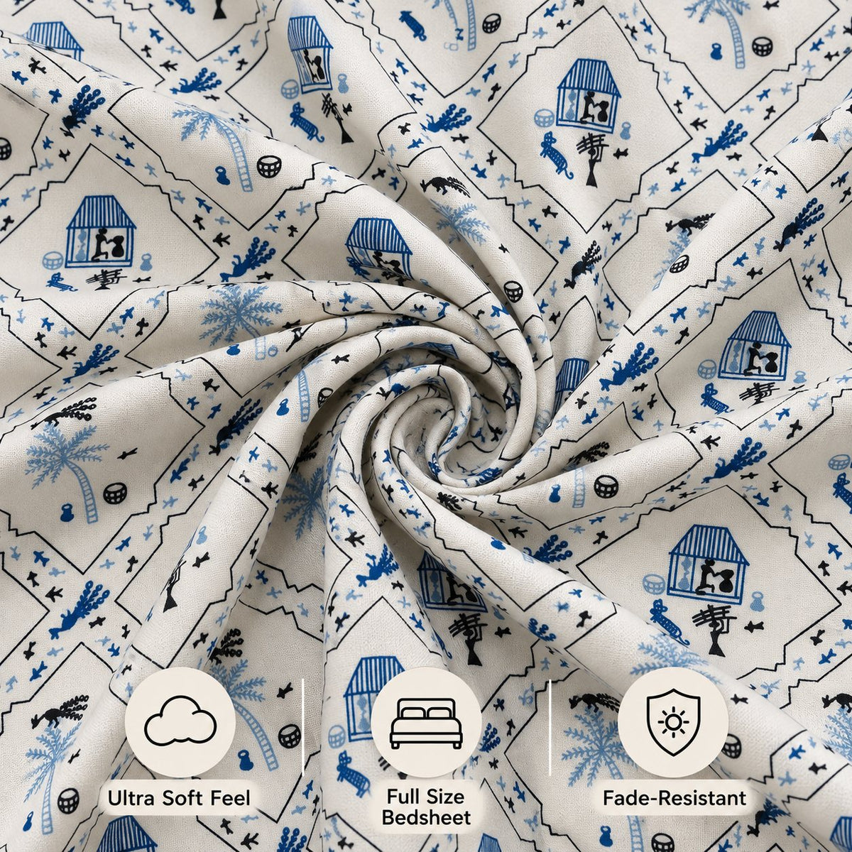 Indigo Warli Bedsheet Set by Reet (white, dark blue, blue, folk print)