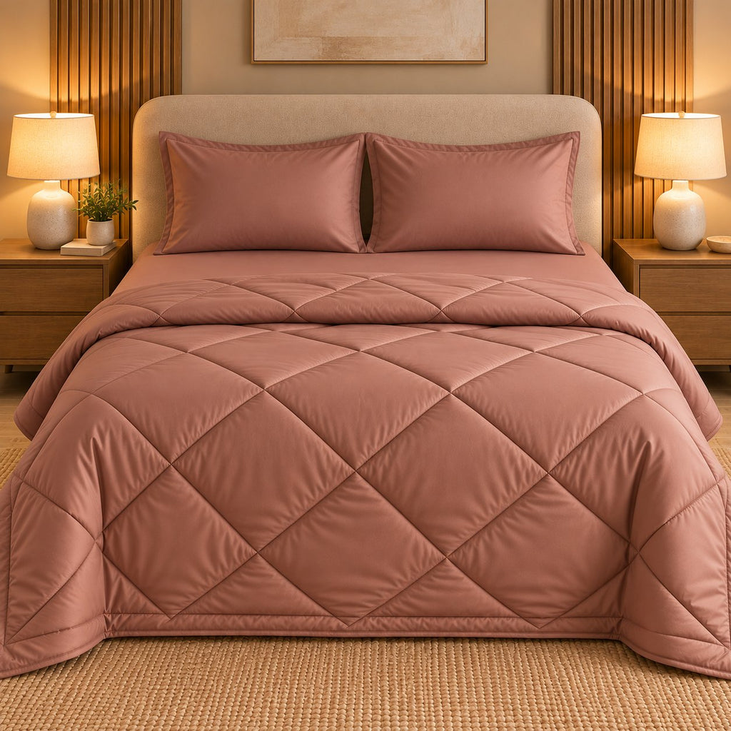 Brown Makhmali Cotton Sateen Bed in a Bag by Reet (bed in a bag, comforter set with king bedsheet) — comforter on the bed
