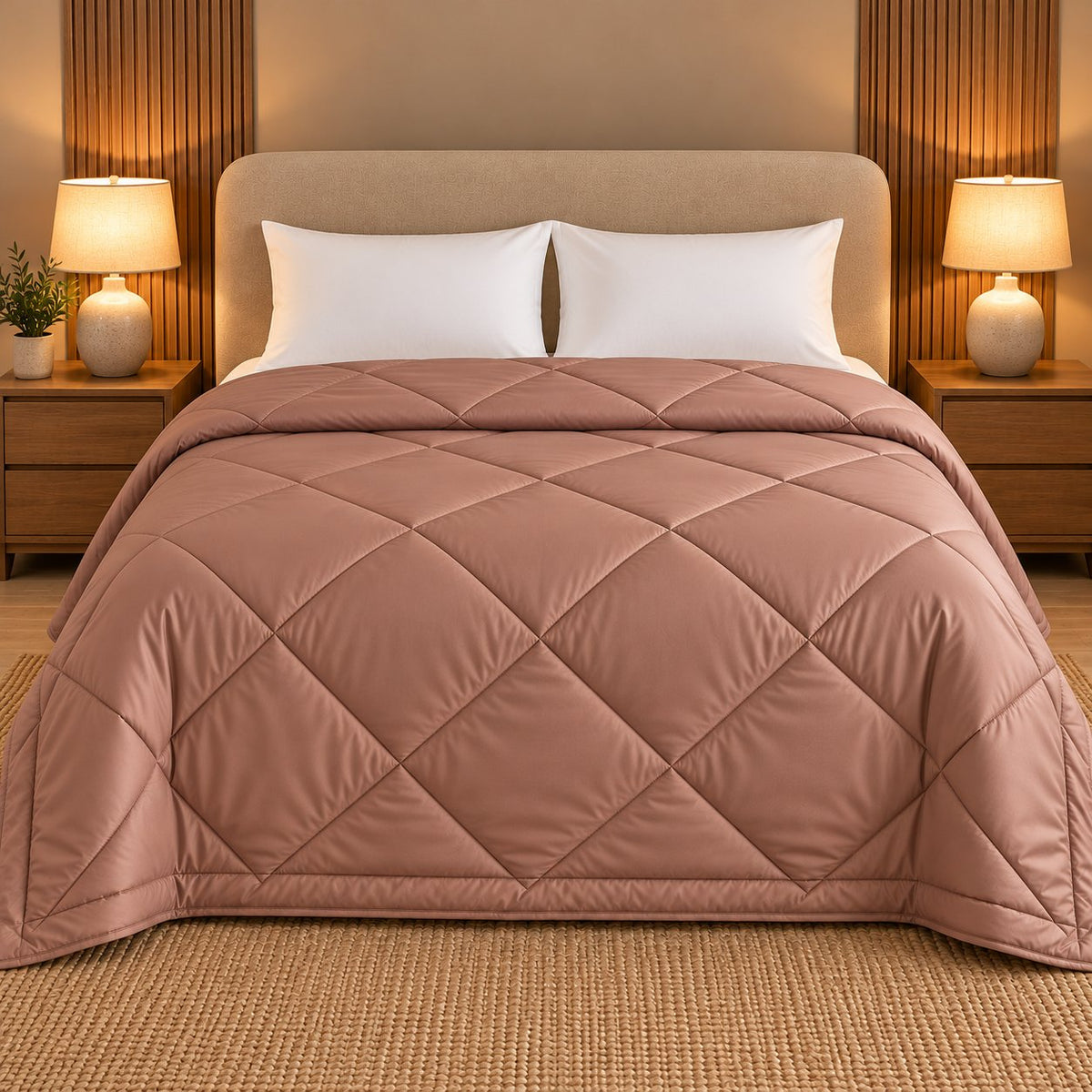 Brown Makhmali Cotton Sateen Bed in a Bag by Reet (bed in a bag, comforter set with king bedsheet) — comforter on the bed, second view