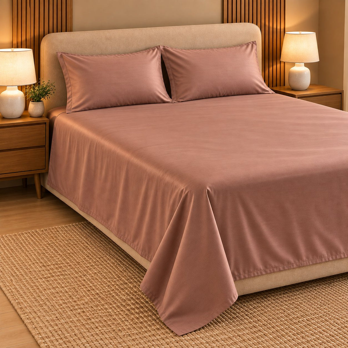 Brown Makhmali Cotton Sateen Bed in a Bag by Reet (bed in a bag, comforter set with king bedsheet) — king bedsheet and pillow covers on the bed