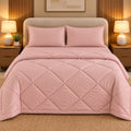 Blush Pink Makhmali Cotton Sateen Bed in a Bag by Reet (bed in a bag, comforter set with king bedsheet) — comforter on the bed