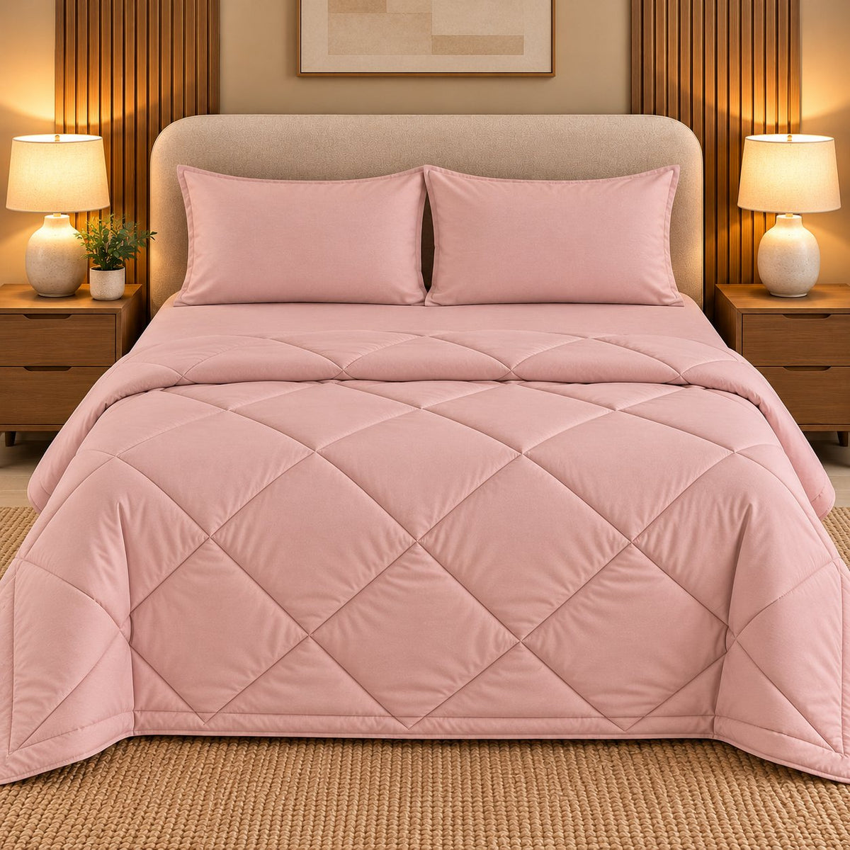 Blush Pink Makhmali Cotton Sateen Bed in a Bag by Reet (bed in a bag, comforter set with king bedsheet) — comforter on the bed