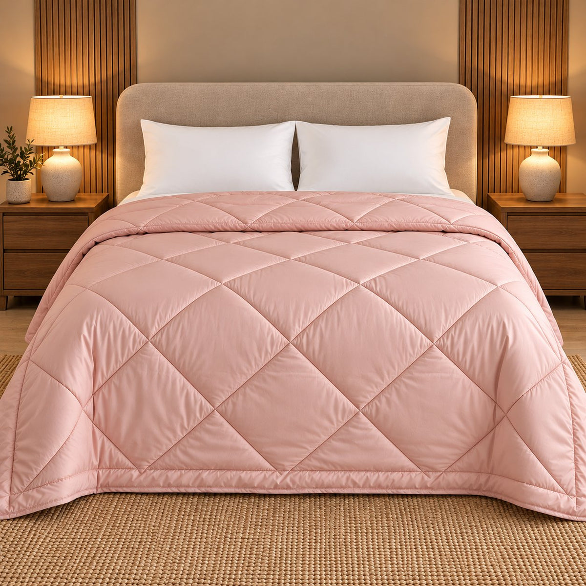 Blush Pink Makhmali Cotton Sateen Bed in a Bag by Reet (bed in a bag, comforter set with king bedsheet) — comforter on the bed, second view