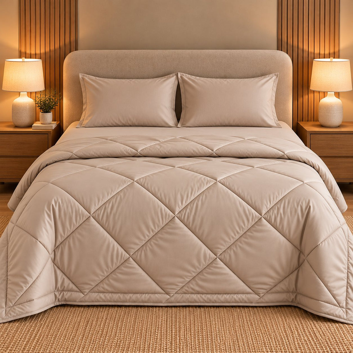Stone Grey Makhmali Cotton Sateen Bed in a Bag by Reet (bed in a bag, comforter set with king bedsheet) — comforter on the bed