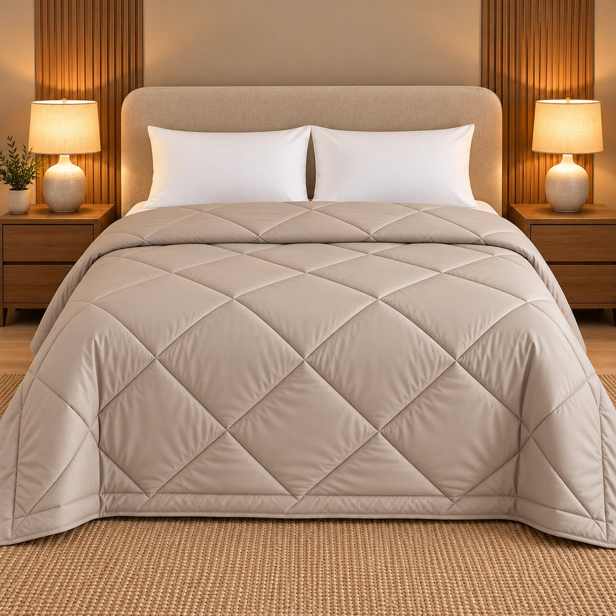 Stone Grey Makhmali Cotton Sateen Bed in a Bag by Reet (bed in a bag, comforter set with king bedsheet) — comforter on the bed, second view