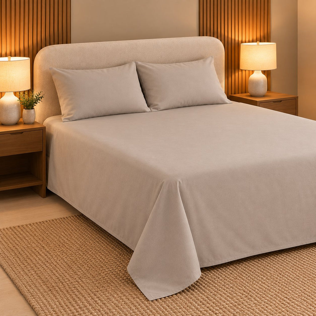 Stone Grey Makhmali Cotton Sateen Bed in a Bag by Reet (bed in a bag, comforter set with king bedsheet) — king bedsheet and pillow covers on the bed