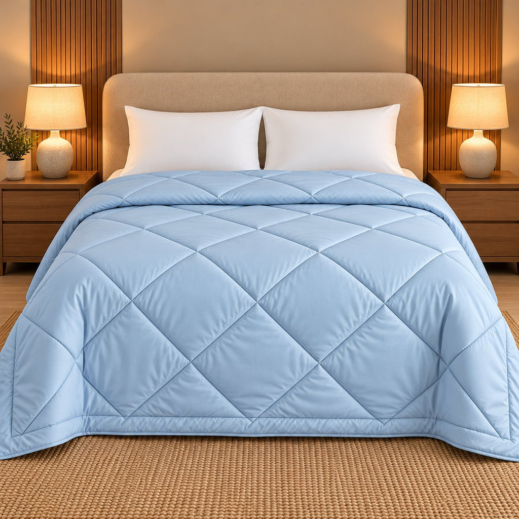 Sky Blue Makhmali Cotton Sateen Bed in a Bag by Reet (bed in a bag, comforter set with king bedsheet) — comforter on the bed, second view