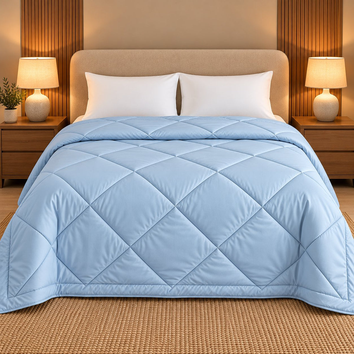 Sky Blue Makhmali Cotton Sateen Bed in a Bag by Reet (bed in a bag, comforter set with king bedsheet) — comforter on the bed, second view