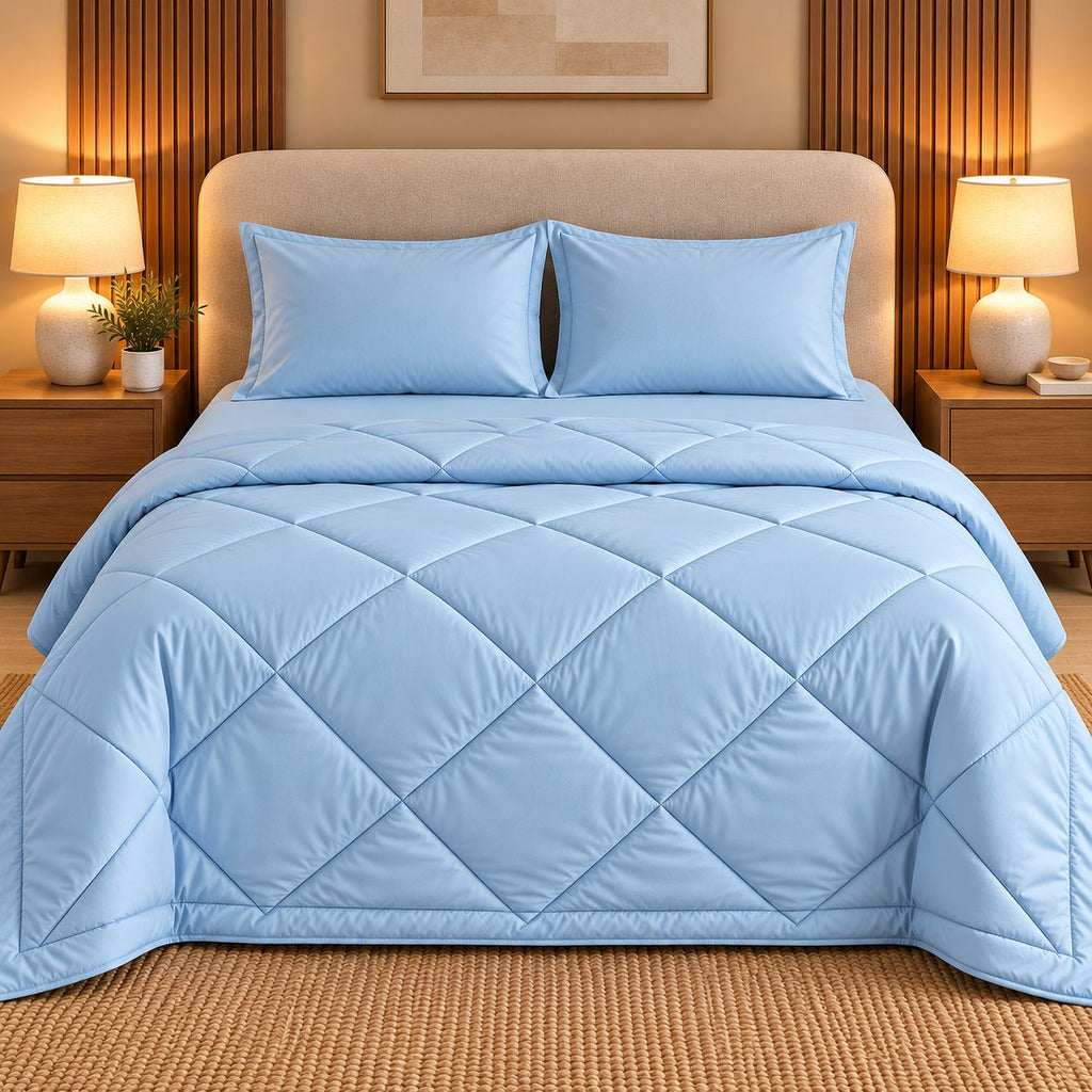 Sky Blue Makhmali Cotton Sateen Bed in a Bag by Reet (bed in a bag, comforter set with king bedsheet) — comforter with matching pillow covers on the bed (the full set)