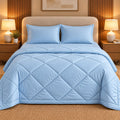 Sky Blue Makhmali Cotton Sateen Bed in a Bag by Reet (bed in a bag, comforter set with king bedsheet) — comforter with matching pillow covers on the bed (the full set)
