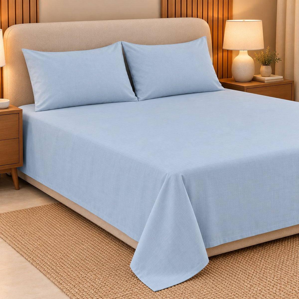 Sky Blue Makhmali Cotton Sateen Bed in a Bag by Reet (bed in a bag, comforter set with king bedsheet) — king bedsheet and pillow covers on the bed