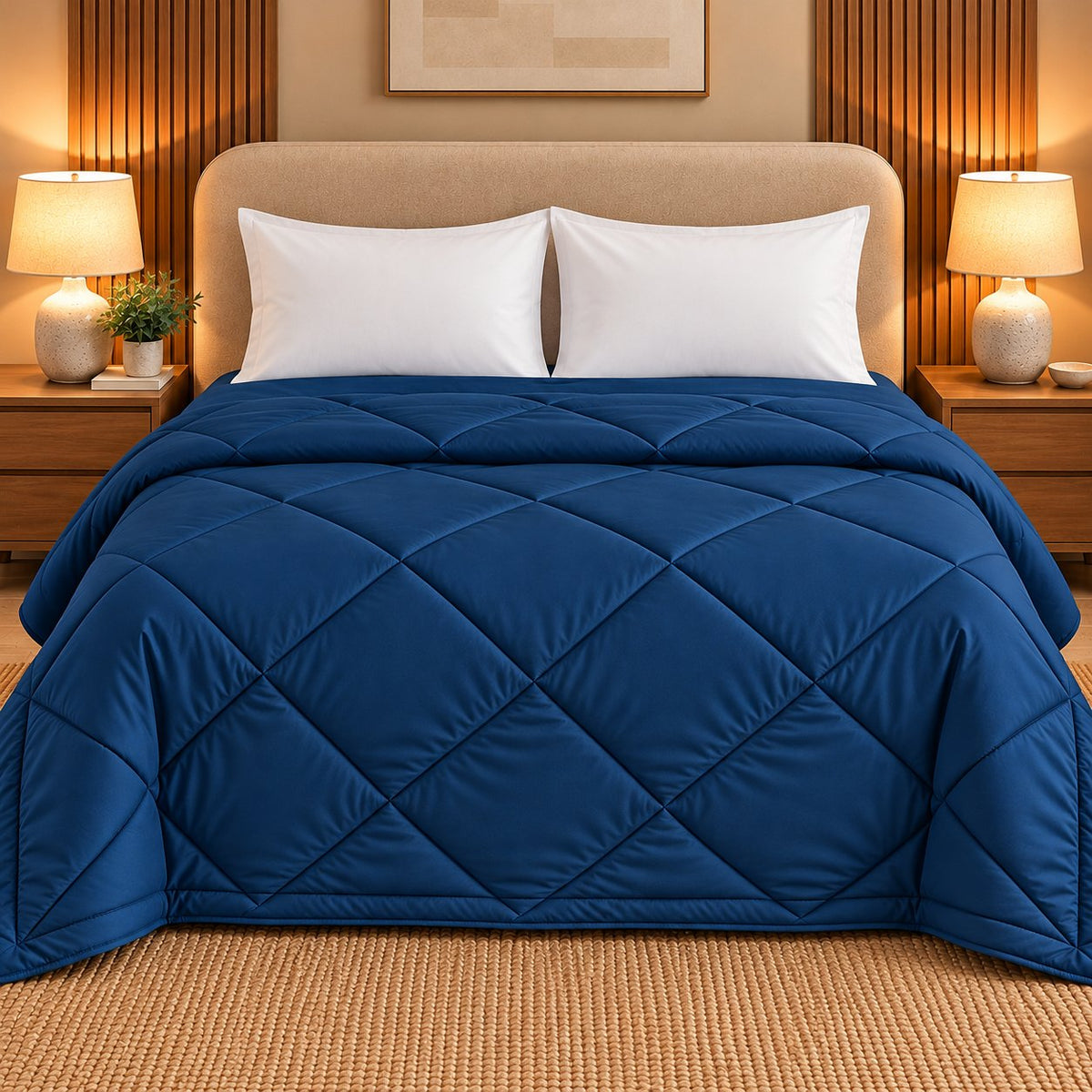 Peacock Blue Makhmali Cotton Sateen Bed in a Bag by Reet (bed in a bag, comforter set with king bedsheet) — comforter on the bed, second view