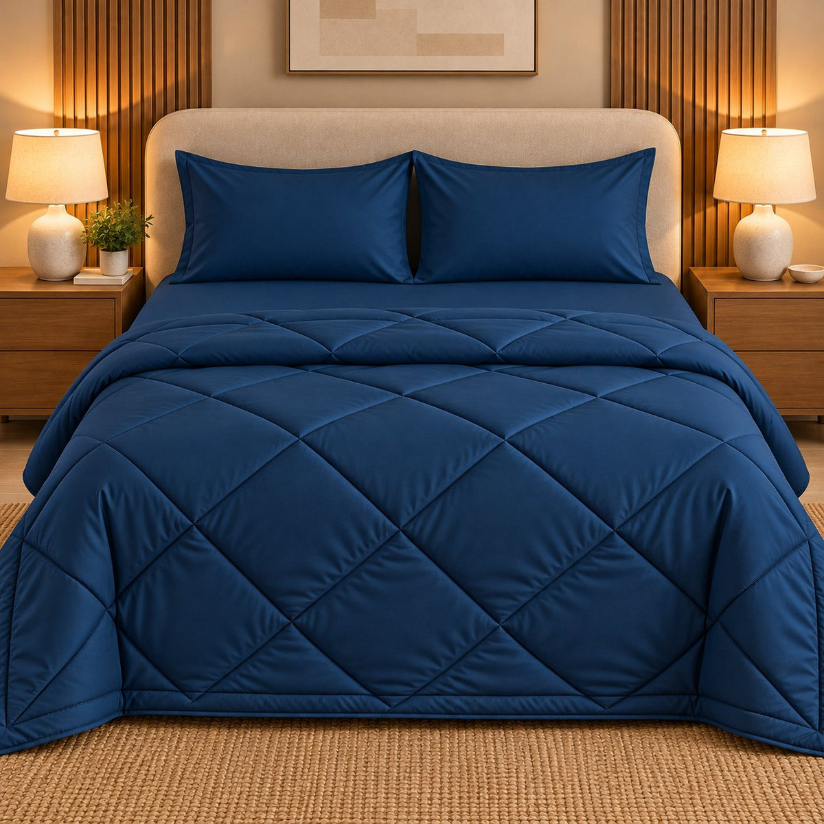 Peacock Blue Makhmali Cotton Sateen Bed in a Bag by Reet (bed in a bag, comforter set with king bedsheet) — comforter with matching pillow covers on the bed (the full set)