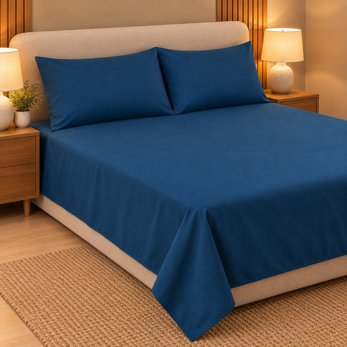 Peacock Blue Makhmali Cotton Sateen Bed in a Bag by Reet (bed in a bag, comforter set with king bedsheet) — king bedsheet and pillow covers on the bed