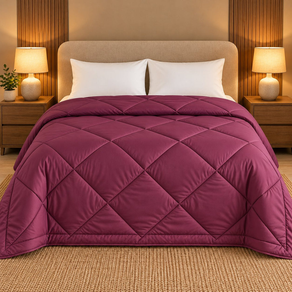 Wine Makhmali Cotton Sateen Bed in a Bag by Reet (bed in a bag, comforter set with king bedsheet) — comforter on the bed, second view