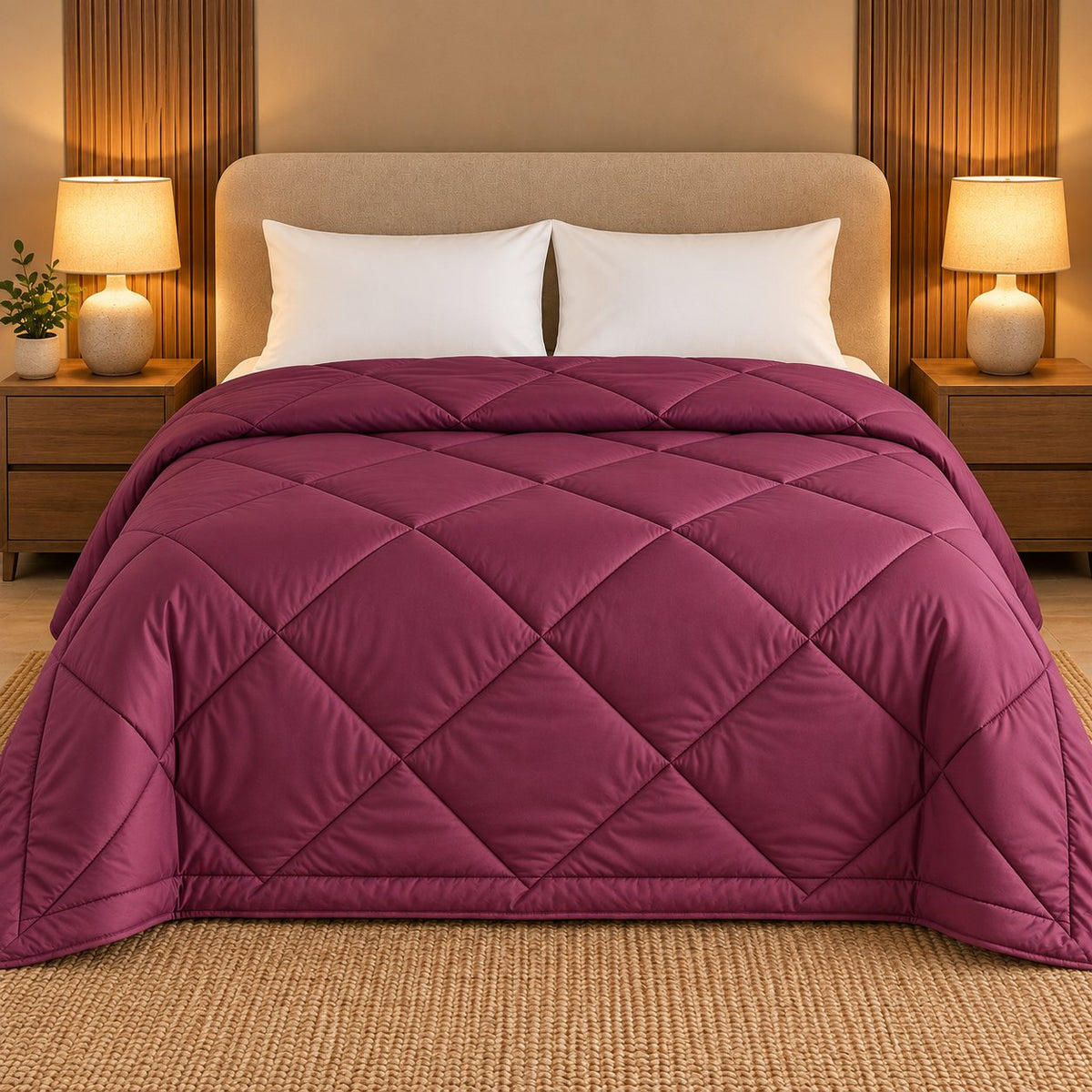 Wine Makhmali Cotton Sateen Bed in a Bag by Reet (bed in a bag, comforter set with king bedsheet) — comforter on the bed, second view