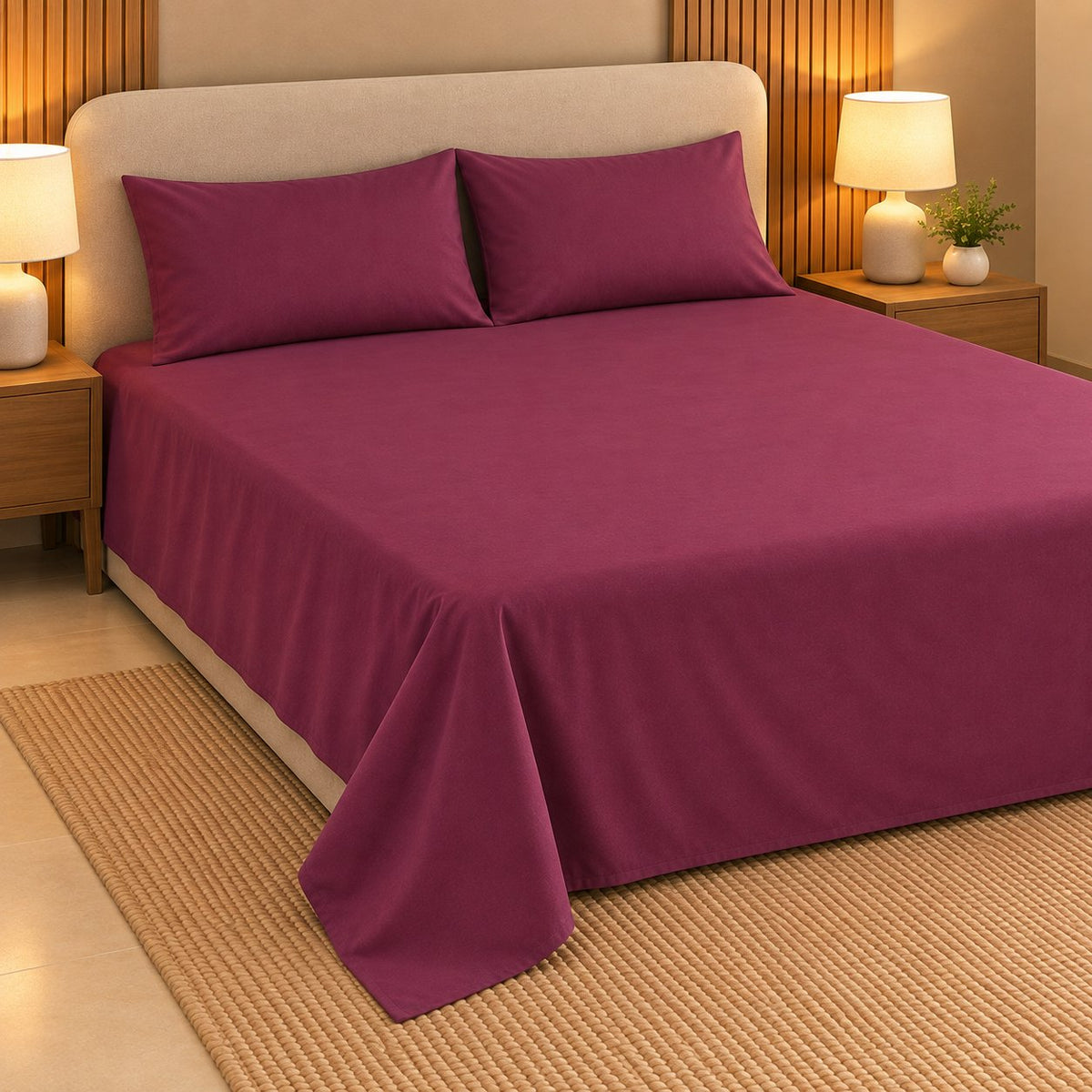 Wine Makhmali Cotton Sateen Bed in a Bag by Reet (bed in a bag, comforter set with king bedsheet) — king bedsheet and pillow covers on the bed