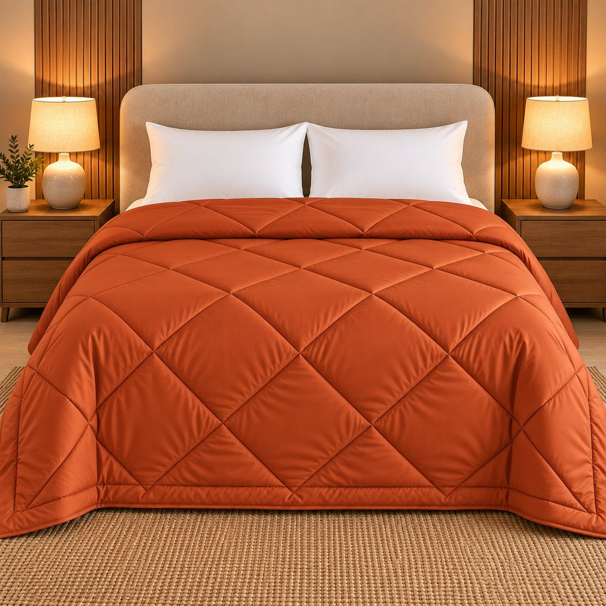 Burnt Orange Makhmali Cotton Sateen Bed in a Bag by Reet (bed in a bag, comforter set with king bedsheet) — comforter on the bed, second view
