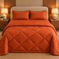 Burnt Orange Makhmali Cotton Sateen Bed in a Bag by Reet (bed in a bag, comforter set with king bedsheet) — comforter with matching pillow covers on the bed (the full set)