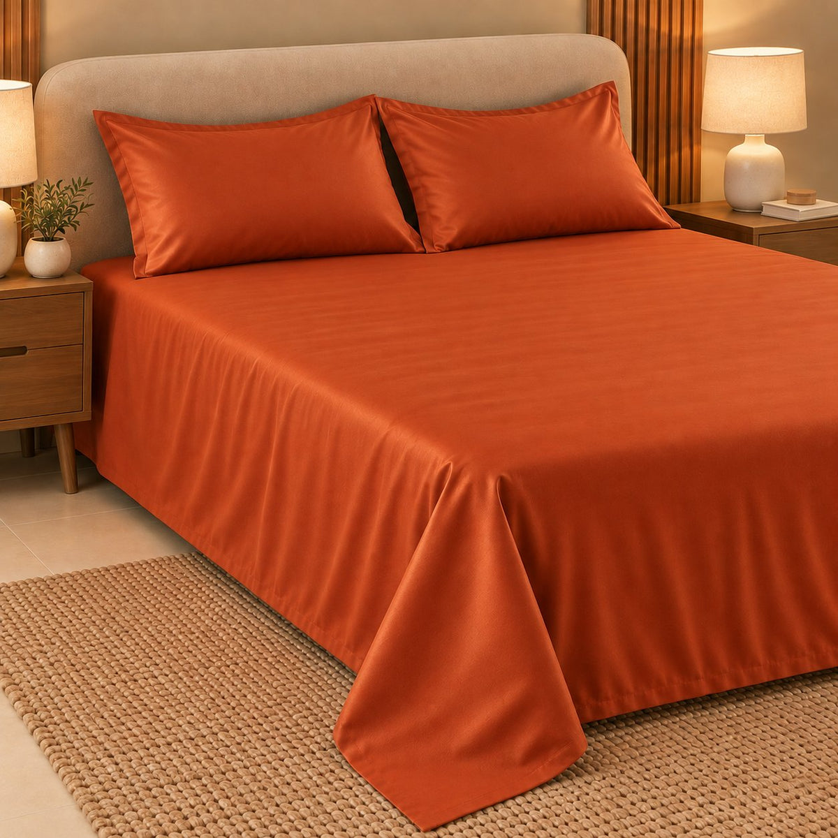 Burnt Orange Makhmali Cotton Sateen Bed in a Bag by Reet (bed in a bag, comforter set with king bedsheet) — king bedsheet and pillow covers on the bed