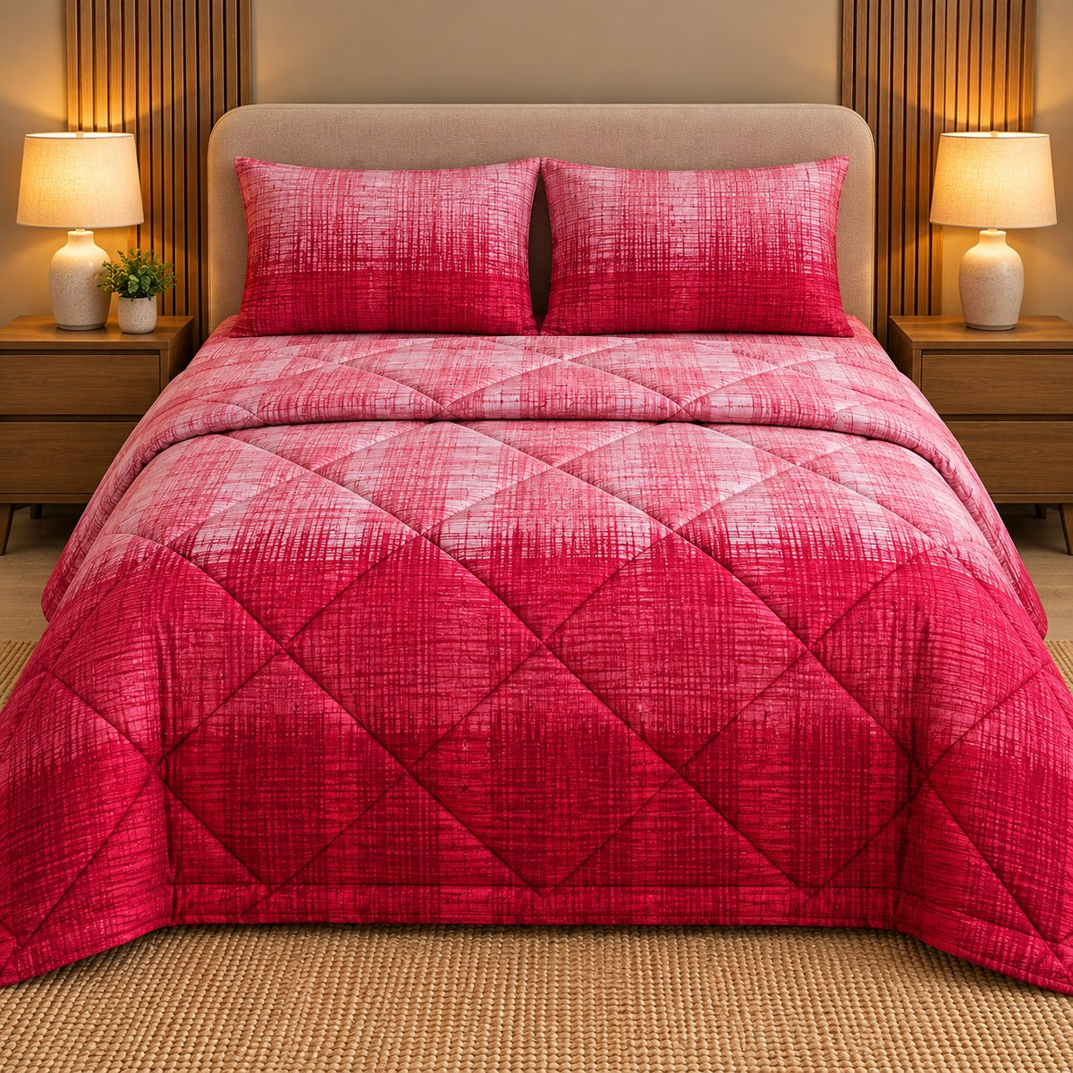 Crimson Dusk Sukoon Cotton Bed in a Bag by Reet (bed in a bag, comforter set with king bedsheet) — comforter on the bed, second view