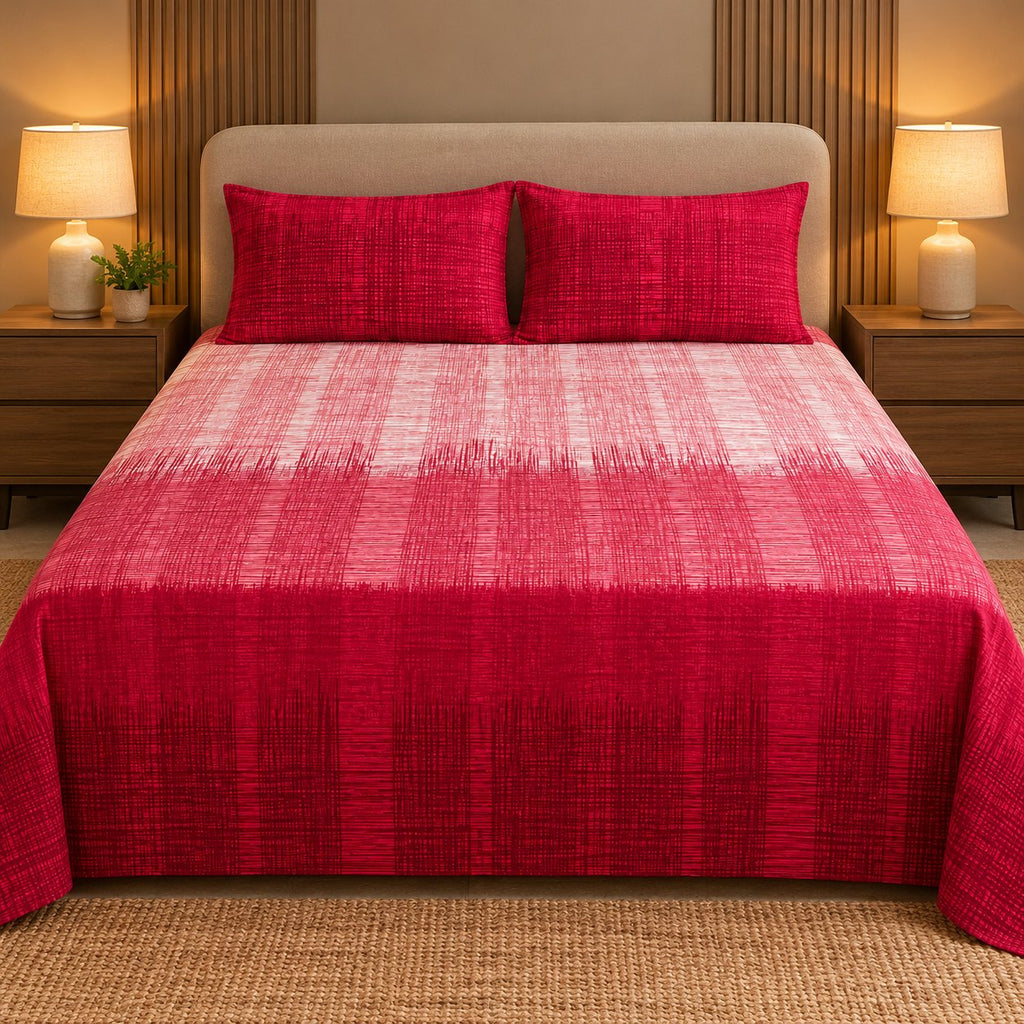 Crimson Dusk Sukoon Cotton Bed in a Bag by Reet (bed in a bag, comforter set with king bedsheet) — king bedsheet and pillow covers on the bed