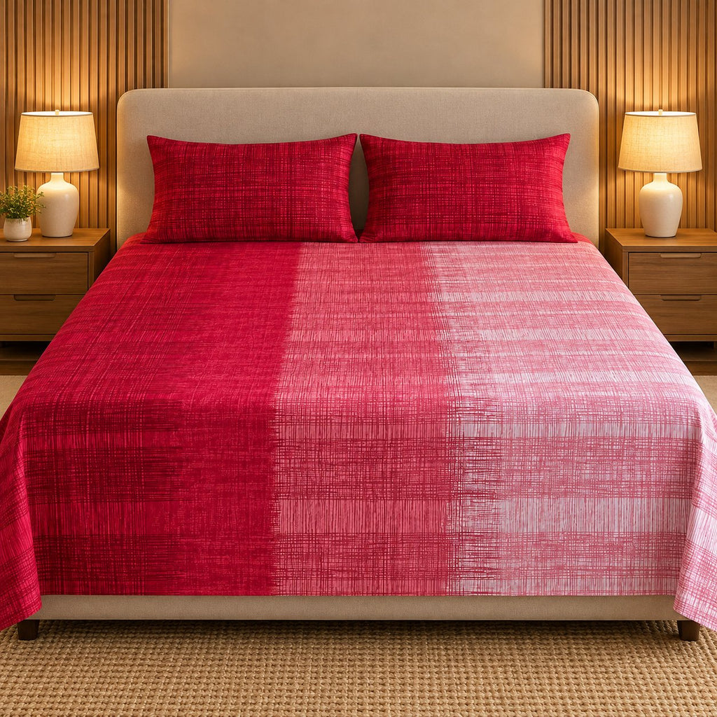 Crimson Dusk Sukoon Cotton Bed in a Bag by Reet (bed in a bag, comforter set with king bedsheet) — king bedsheet, front view