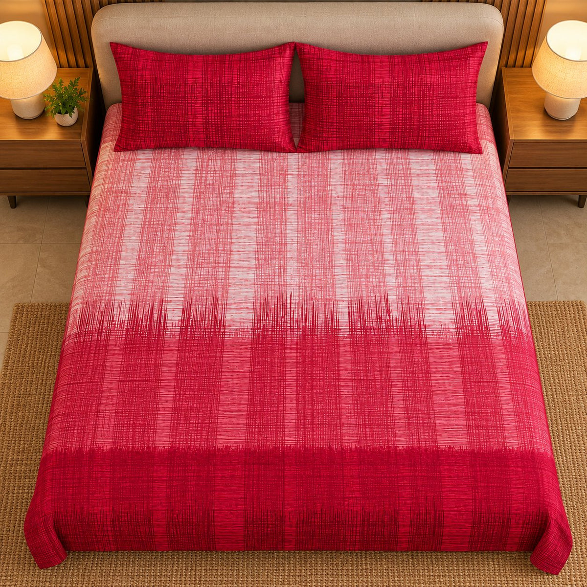 Crimson Dusk Sukoon Cotton Bed in a Bag by Reet (bed in a bag, comforter set with king bedsheet) — king bedsheet, close view