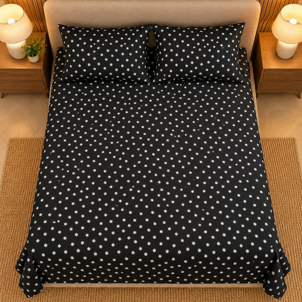 Midnight Dot Sukoon Cotton Bed in a Bag by Reet (bed in a bag, comforter set with king bedsheet) — king bedsheet and pillow covers on the bed