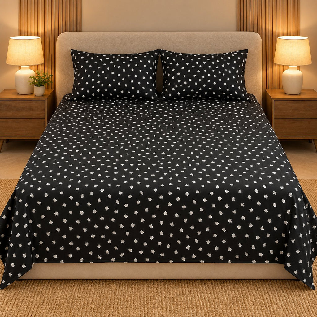 Midnight Dot Sukoon Cotton Bed in a Bag by Reet (bed in a bag, comforter set with king bedsheet) — king bedsheet, front view