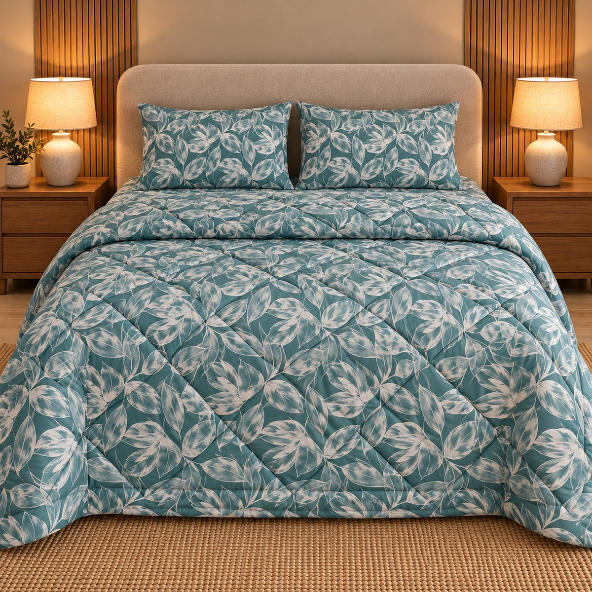 Teal Leaf Sukoon Cotton Bed in a Bag by Reet (bed in a bag, comforter set with king bedsheet) — comforter on the bed