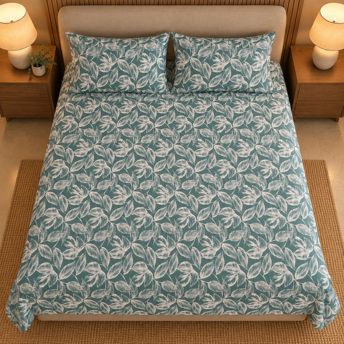 Teal Leaf Sukoon Cotton Bed in a Bag by Reet (bed in a bag, comforter set with king bedsheet) — king bedsheet and pillow covers on the bed