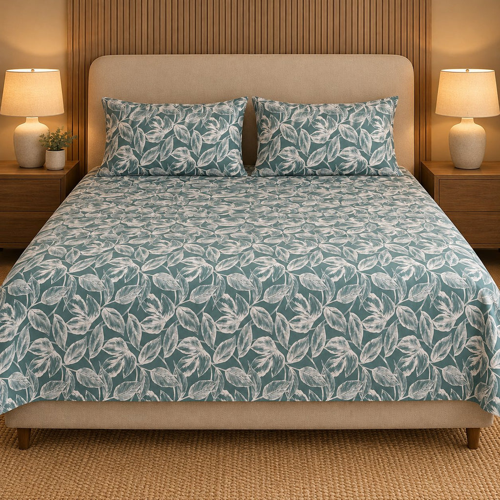 Teal Leaf Sukoon Cotton Bed in a Bag by Reet (bed in a bag, comforter set with king bedsheet) — king bedsheet, front view
