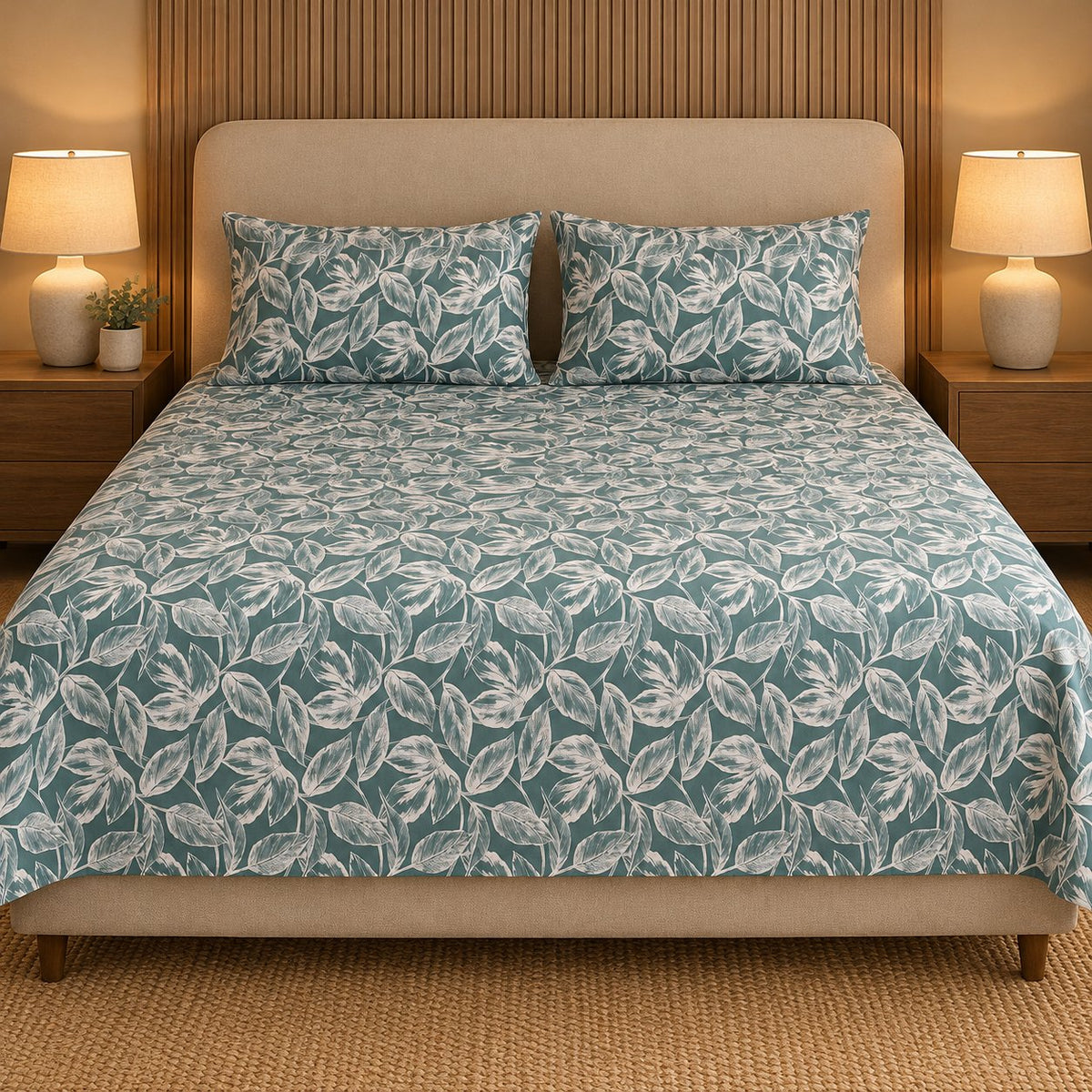 Teal Leaf Sukoon Cotton Bed in a Bag by Reet (bed in a bag, comforter set with king bedsheet) — king bedsheet, front view