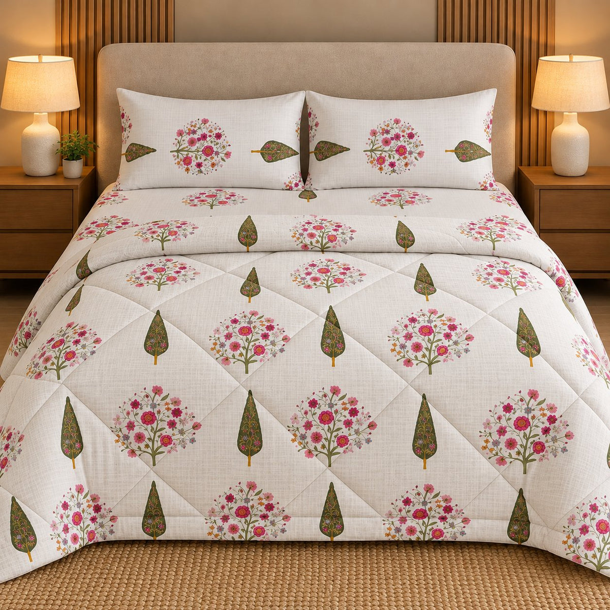 Blossom Grove Sukoon Cotton Bed in a Bag by Reet (bed in a bag, comforter set with king bedsheet) — comforter on the bed