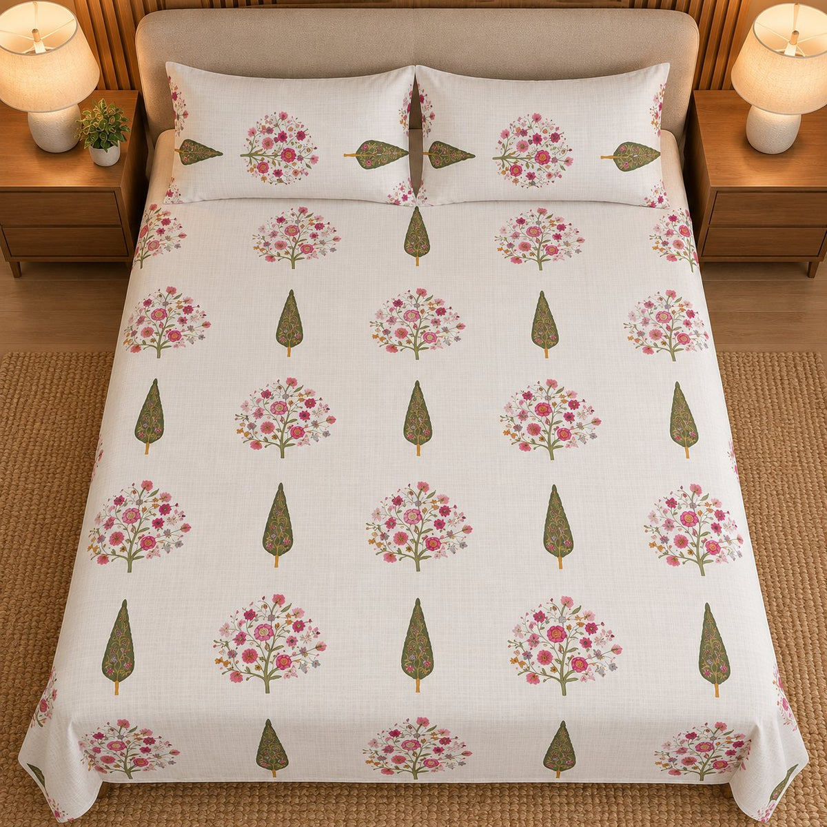 Blossom Grove Sukoon Cotton Bed in a Bag by Reet (bed in a bag, comforter set with king bedsheet) — king bedsheet and pillow covers on the bed