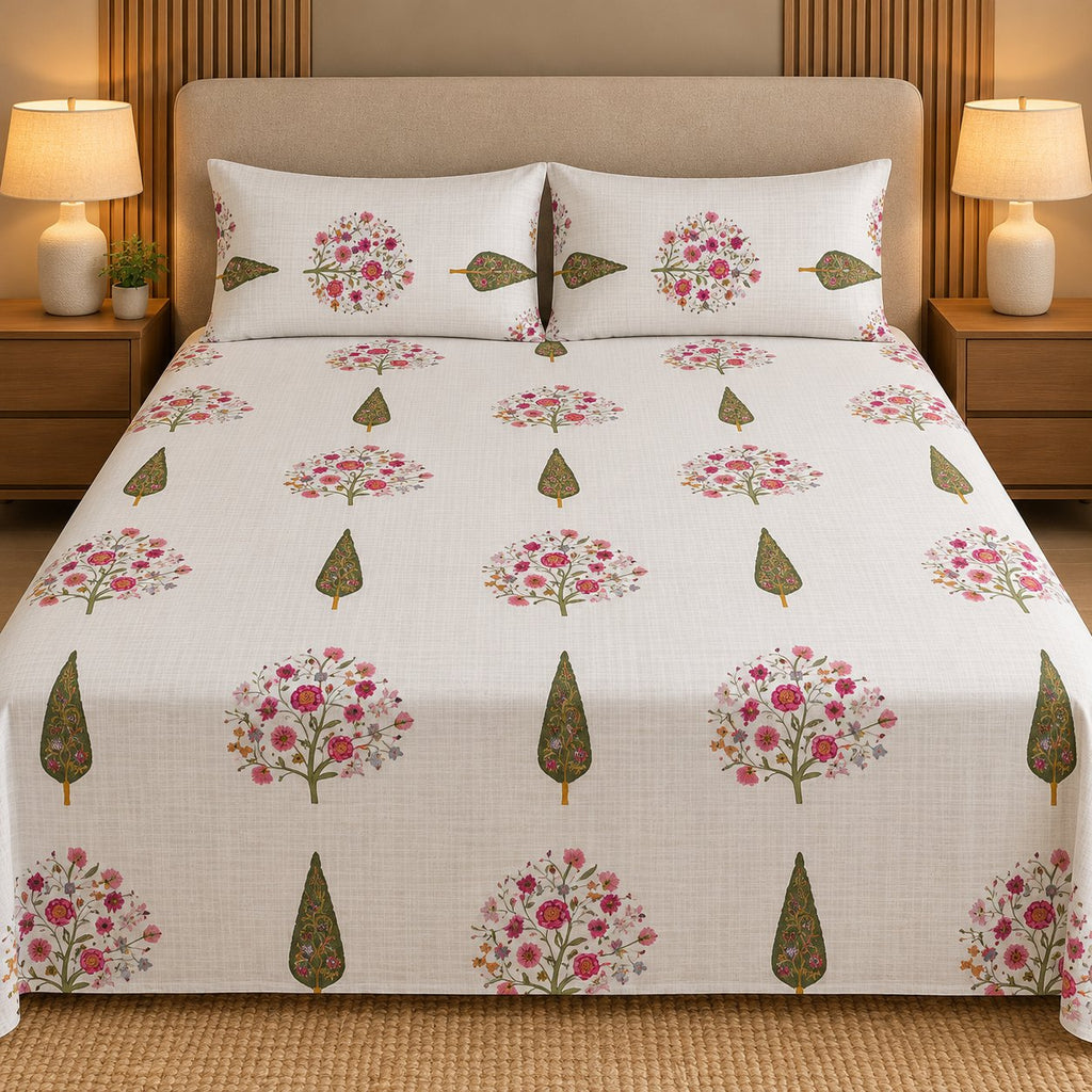 Blossom Grove Sukoon Cotton Bed in a Bag by Reet (bed in a bag, comforter set with king bedsheet) — king bedsheet, front view