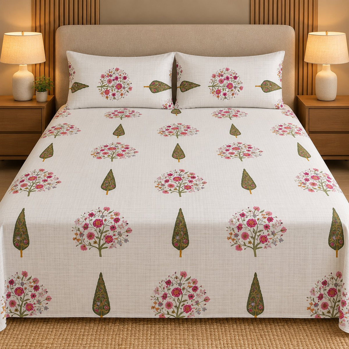 Blossom Grove Sukoon Cotton Bed in a Bag by Reet (bed in a bag, comforter set with king bedsheet) — king bedsheet, front view