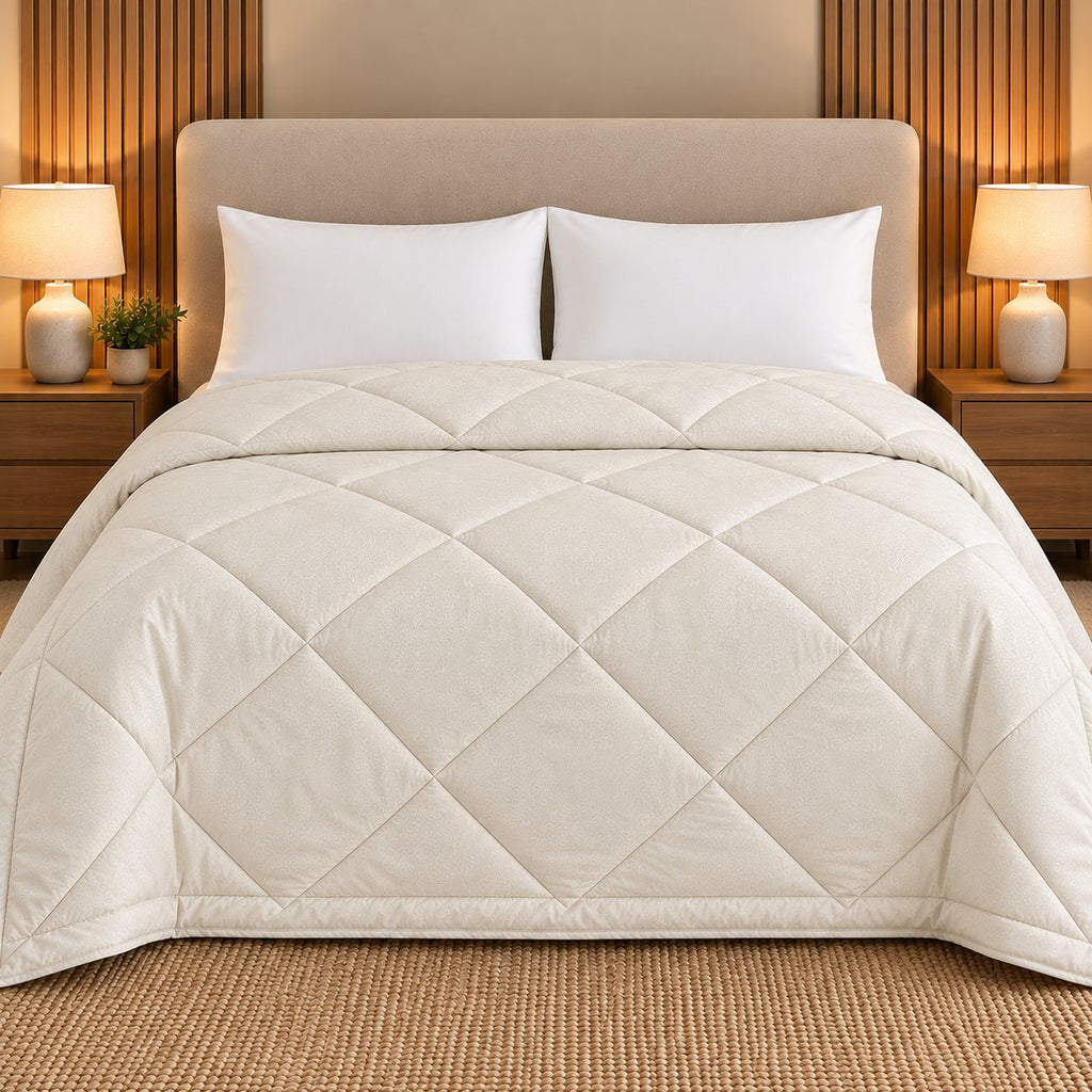 Ivory Embossed Sukoon Cotton Bed in a Bag by Reet (bed in a bag, comforter set with king bedsheet) — comforter on the bed, second view