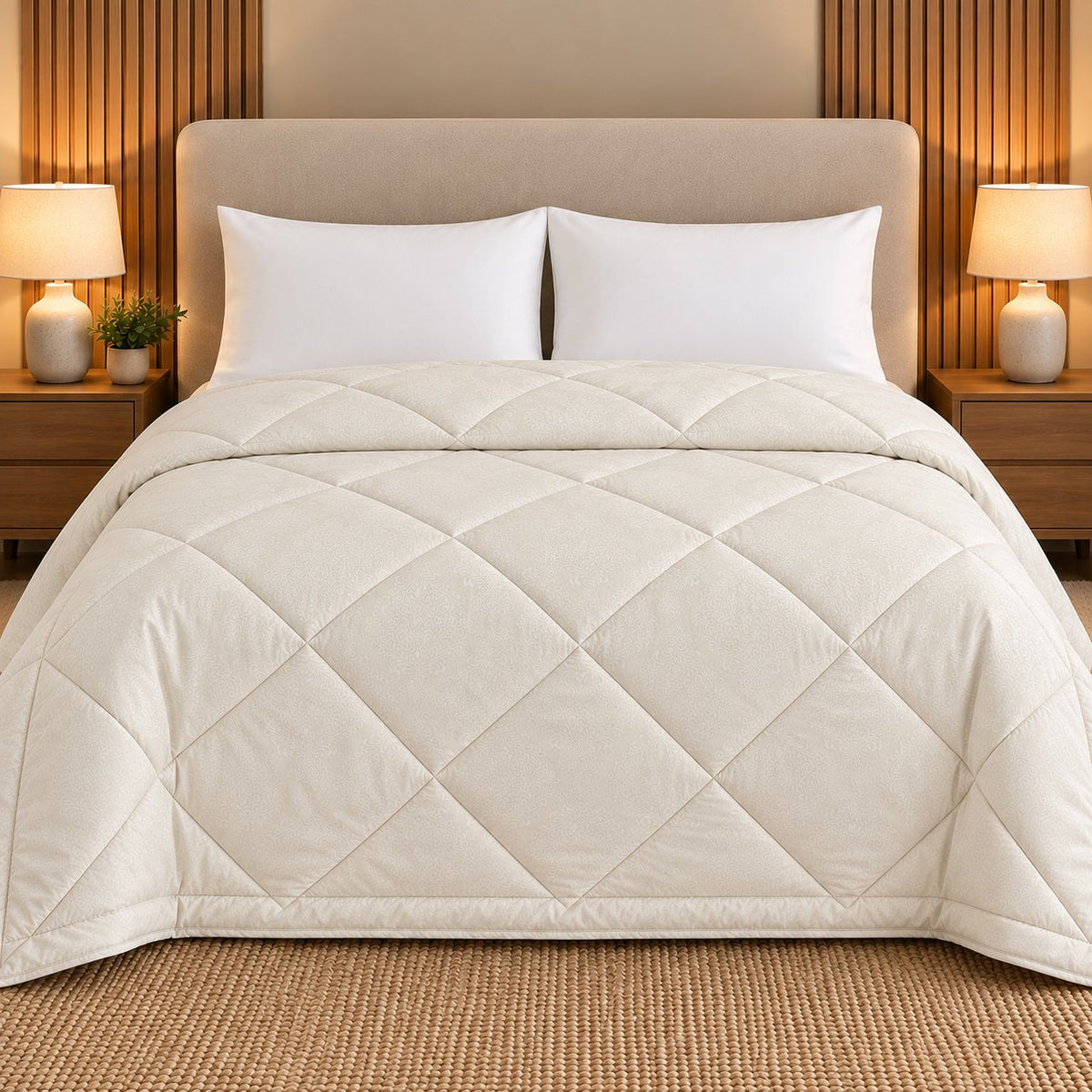 Ivory Embossed Sukoon Cotton Bed in a Bag by Reet (bed in a bag, comforter set with king bedsheet) — comforter on the bed, second view