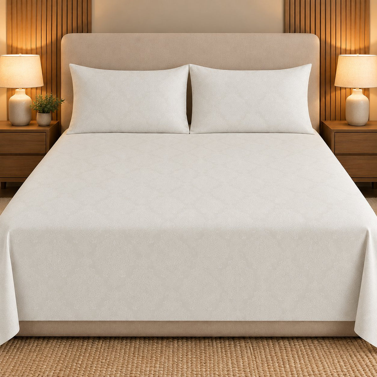 Ivory Embossed Sukoon Cotton Bed in a Bag by Reet (bed in a bag, comforter set with king bedsheet) — king bedsheet and pillow covers on the bed
