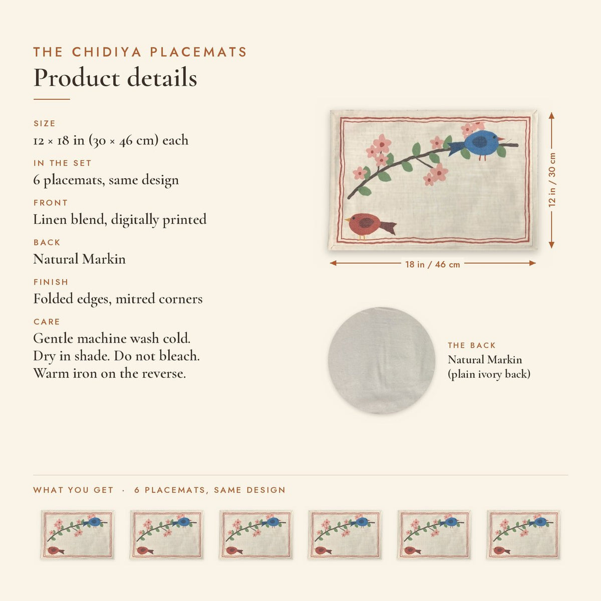 Blossom Branch (Ivory) placemats set of 6 by Reet (table mats, 12 x 18 in) — product details and size 12 x 18 in