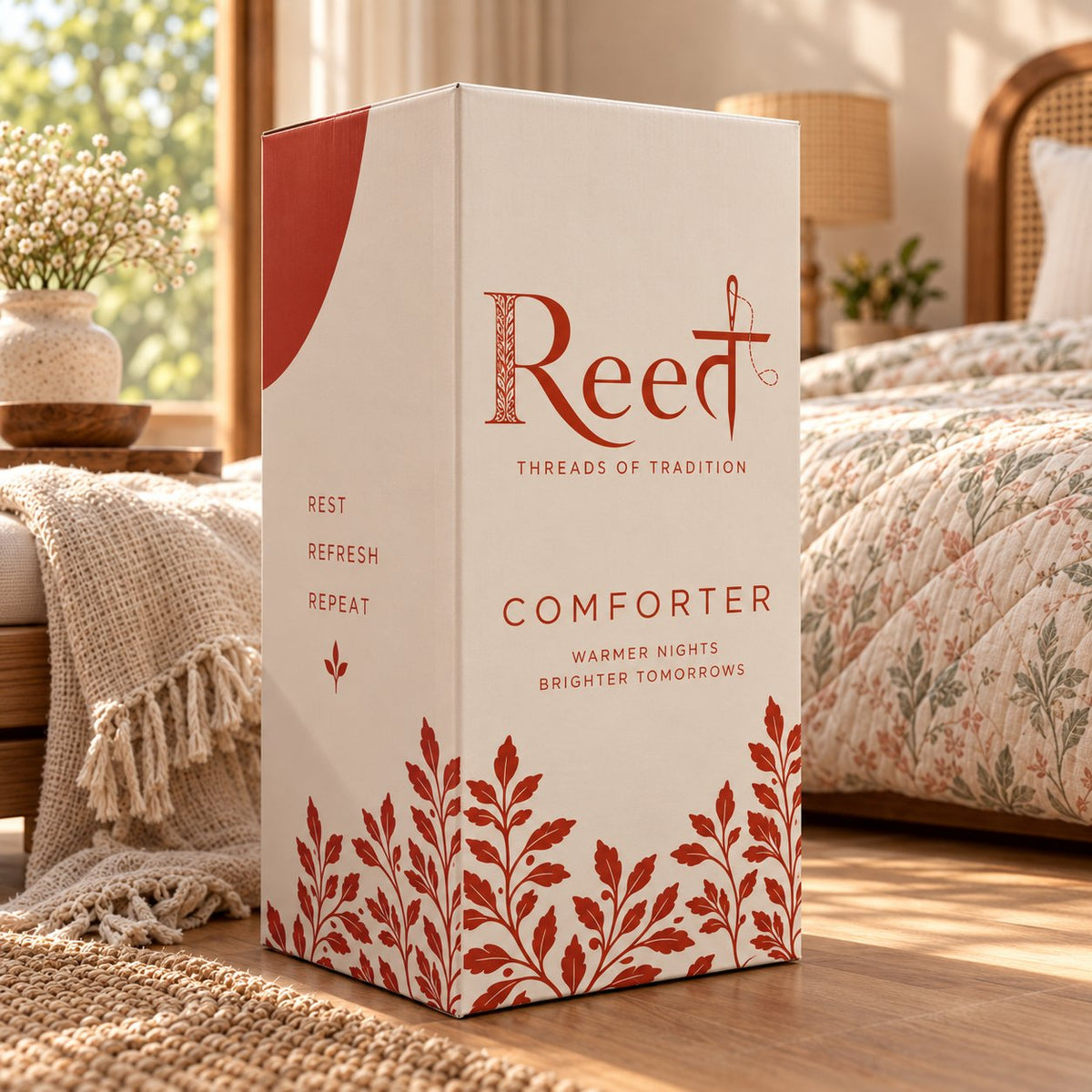 Peach Shir-o-Shakar Seersucker Comforter by Reet (peach seersucker AC comforter, light orange / pink, double bed 90x100) — packing: comforter box